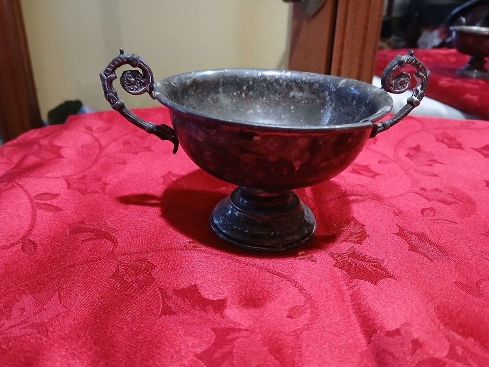 Vintage Silverplate Two-Handled Footed Bowl Cup Spain Ornate Scroll Handles