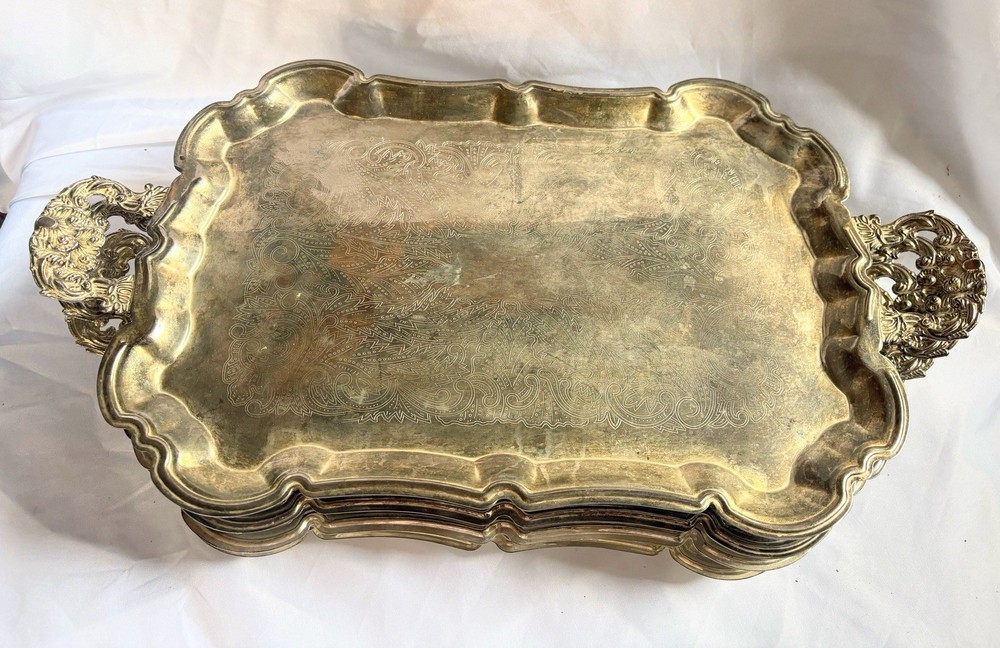 4 Vintage 24” International Silver Co Silver Plated Footed Serving Trays