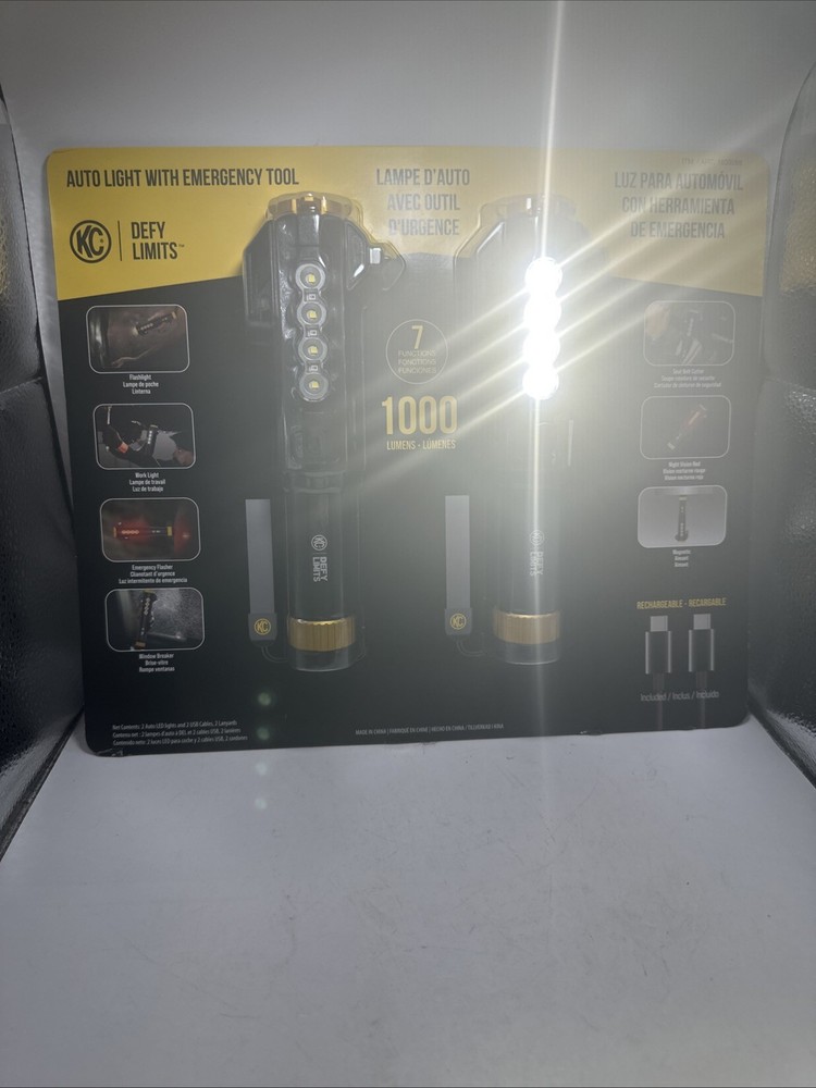 KC Auto Light with Emergency Tool, 2 Pack 1000 Lumen Rechargeable Flashlight Set