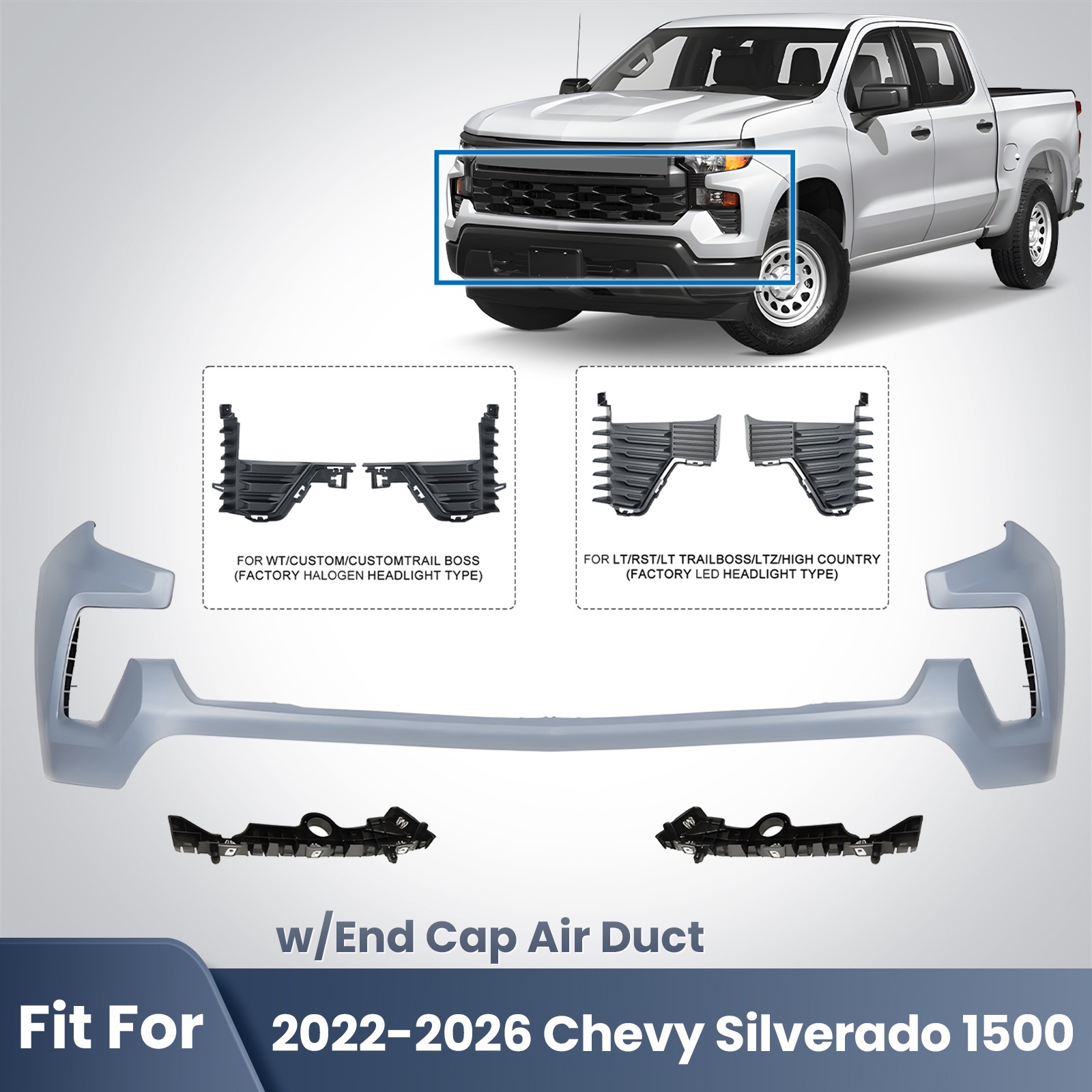 Front Upper Bumper Cover For 2022-2026 Chevy Silverado 1500 w/ End Cap Air Duct