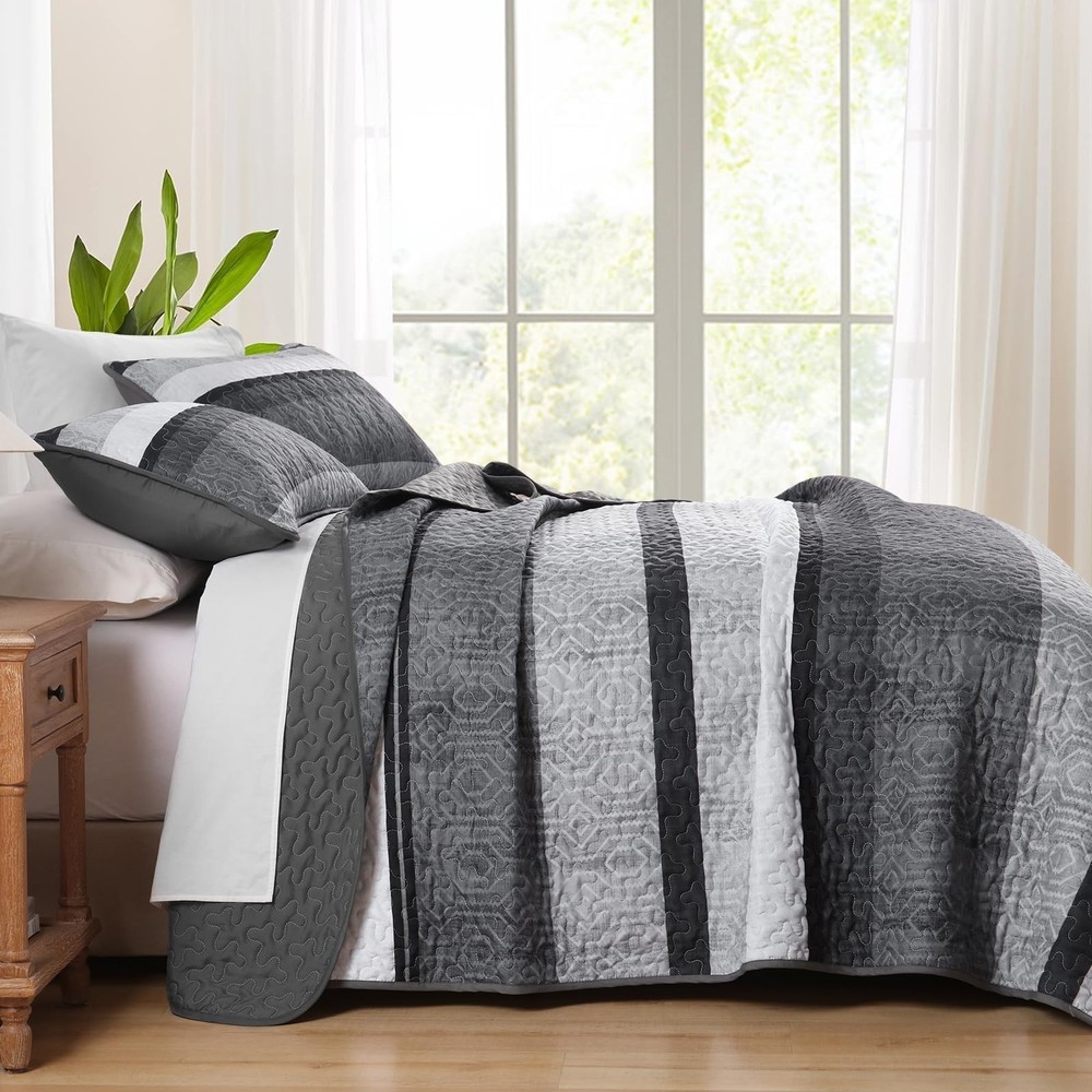 Dobuyly Grey Queen Quilt Set, Boho Bedspread Queen Size, Striped Bedding Sets...
