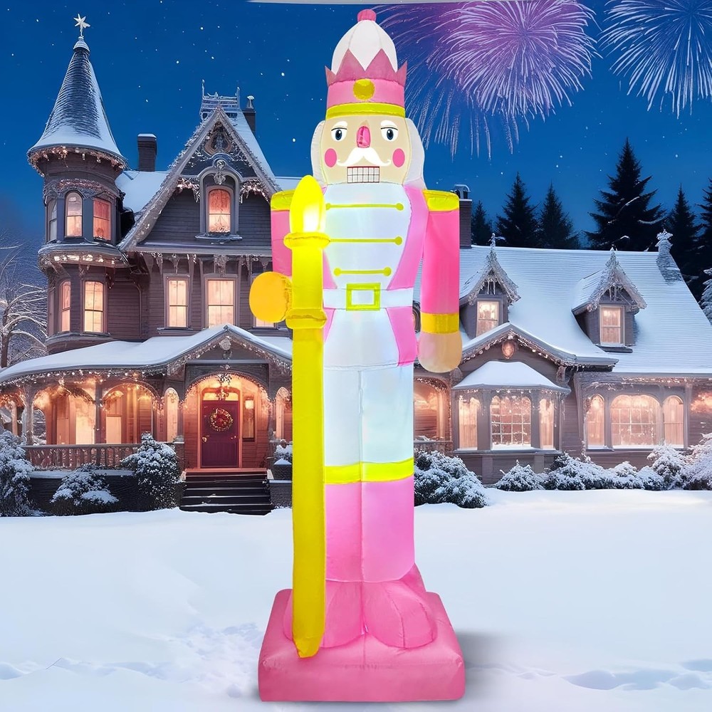 Magical 8FT Pink Nutcracker Inflatable with LED Glow - Easy Setup Outdoor Charm