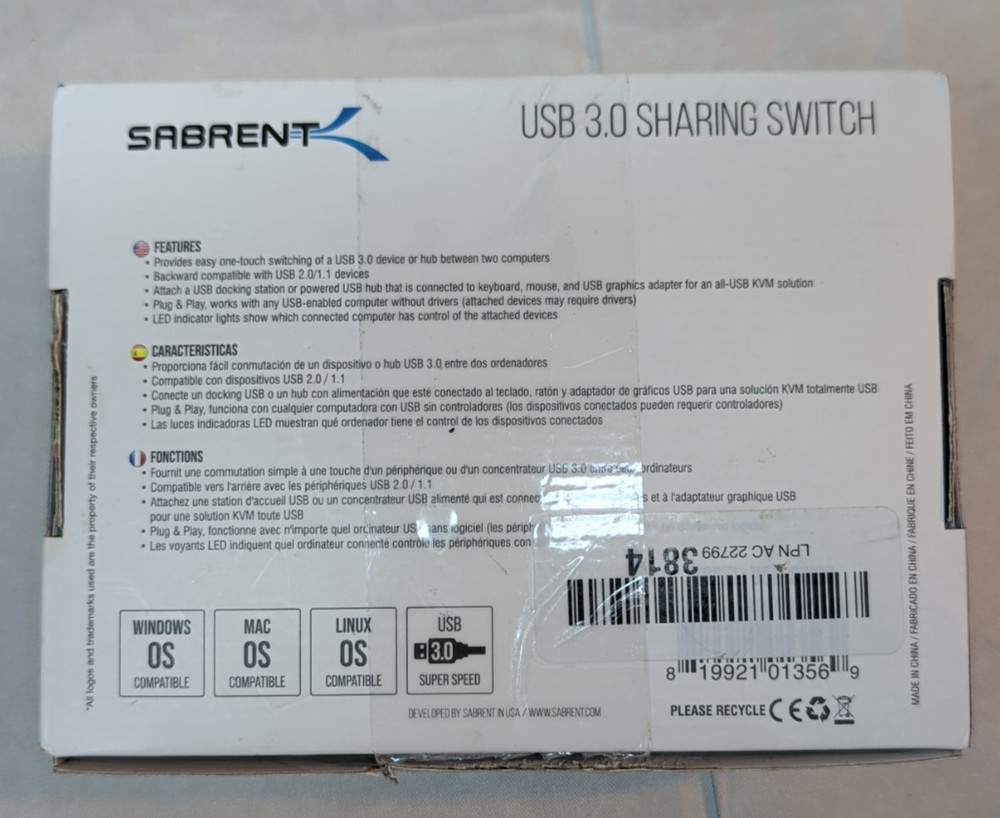 Sabrent USB 3.0 Sharing Switch 2 Computers 1 Device KVM Splitter Open Box