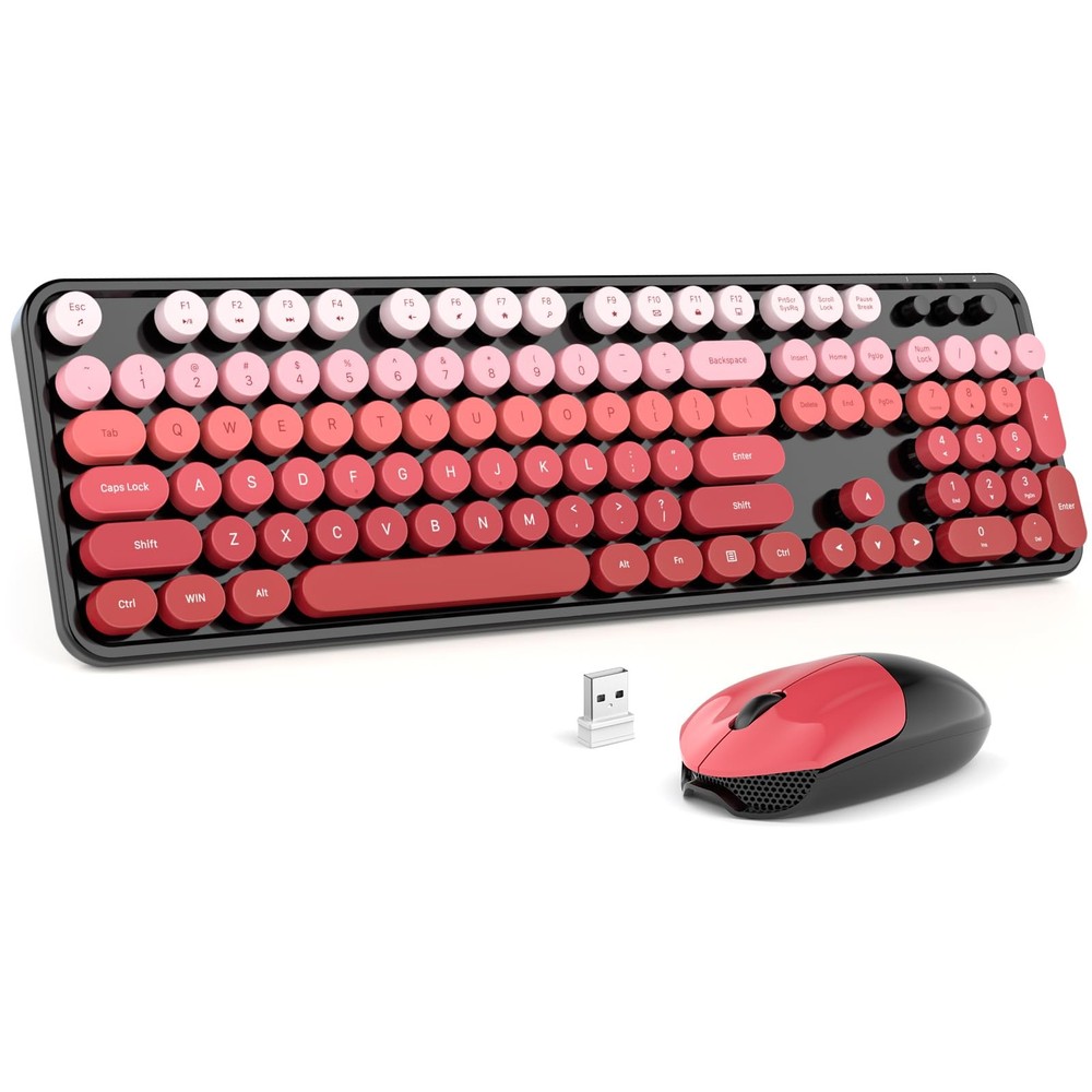 Wireless Keyboard Mouse Combo 2.4GHz Retro Typewriter Black Red Gradient