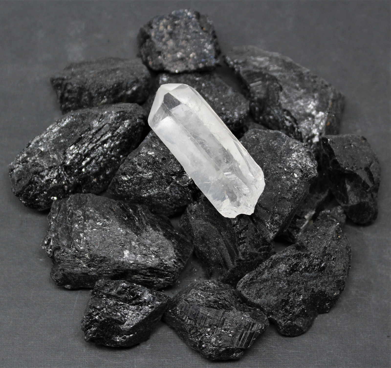 1/4 lb Black Tourmaline Raw Rough Stones + LARGE Clear Quartz Crystal Point 4 oz