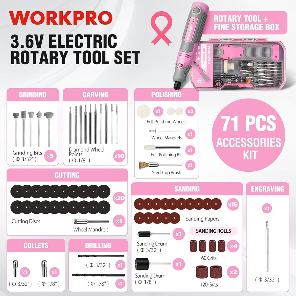 WORKPRO Cordless Rechargeable Rotary Tool Kit 71PC Accessories 3 Variable Speeds