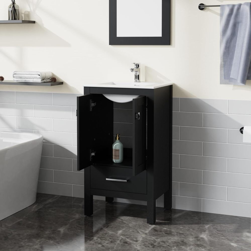 Bathroom vanity with white countertop and ceramic basin