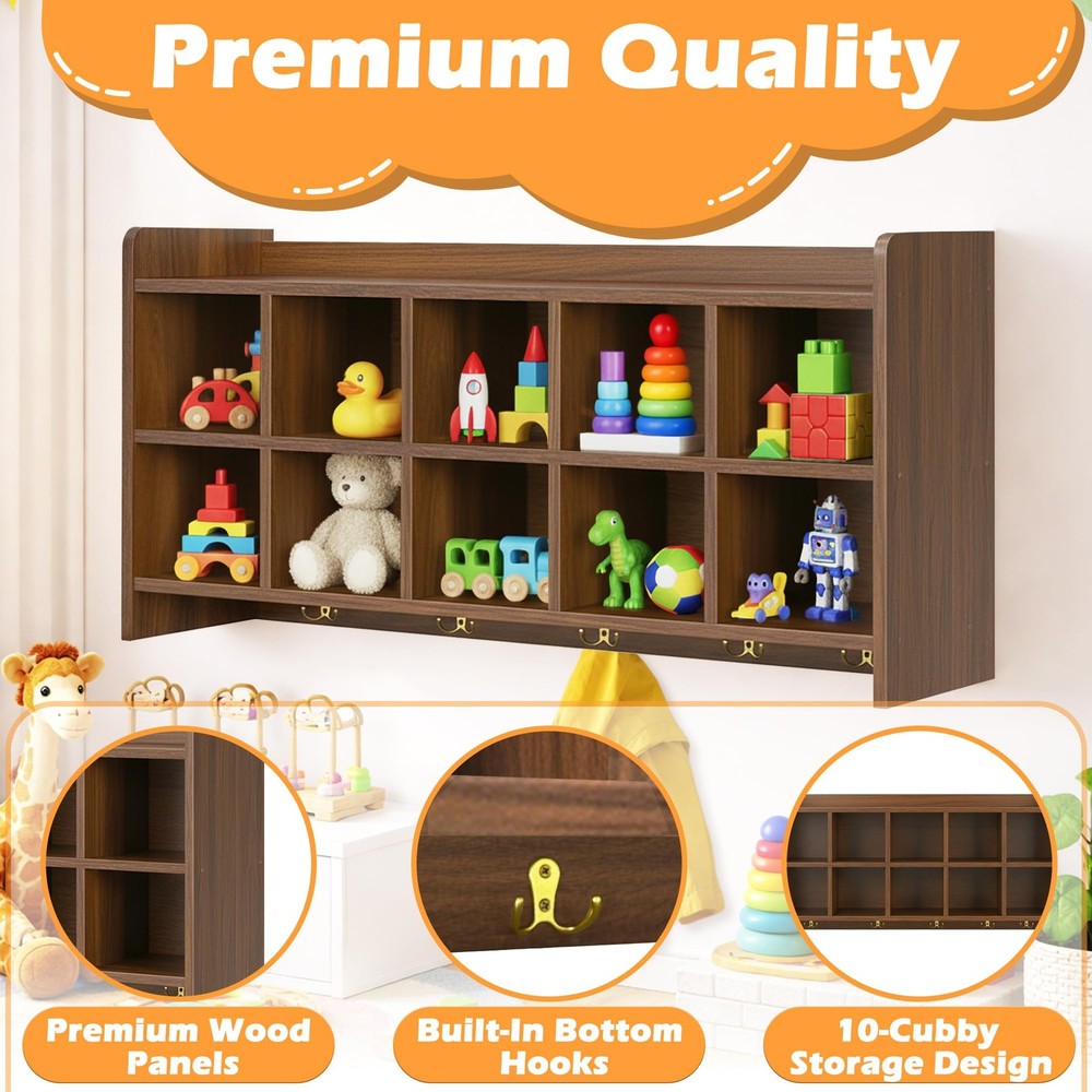 Wall Cubbies, 10 Cubby Storage Organizer with Coat Hooks, Cubbies for Classro...