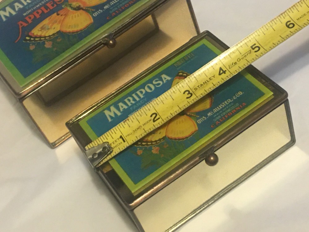 Two Decorative Mirror Metal Boxes Butterfly Apple Label