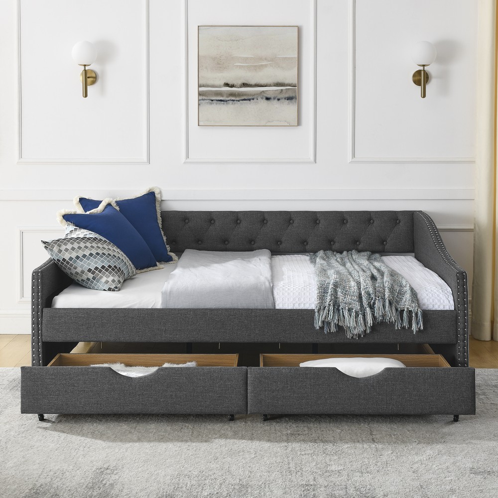 Full Size Daybed with Drawers Upholstered Tufted Sofa Bed, with Button on Back