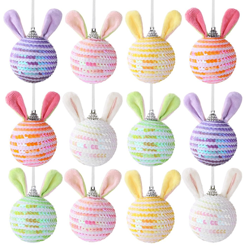 Easter Tree Decorations: 12pcs Sequin Easter Ornaments with Plush Bunny Ears, Pi