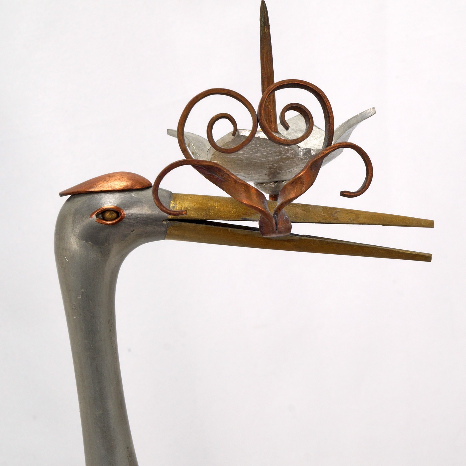 Pair Chinese Mixed-Metal Pewter Crane Sculptures Candlesticks