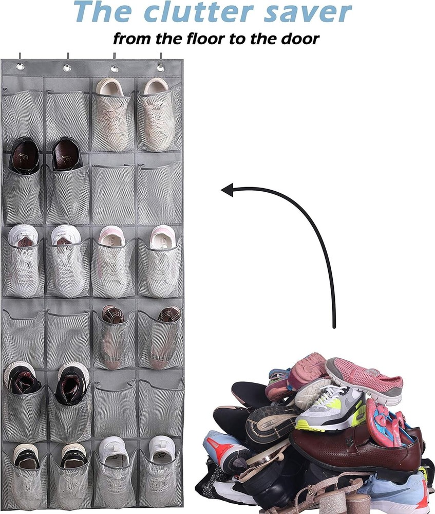 Compact Gray Shoe Rack Holder with 24 Large Mesh Pockets - Space-Saving Design