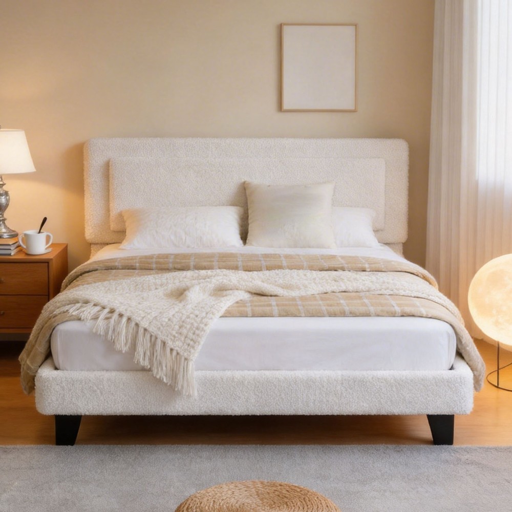 King Upholstered Bed Frame with Adjustable Headboard No Box Spring Needed Beige