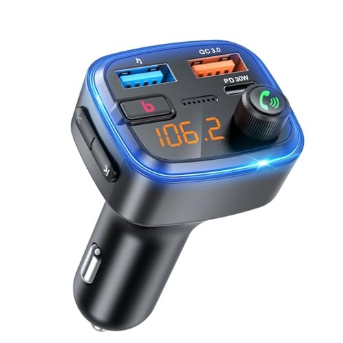 tooth 5.4 Car Adapter, Wireless FM Transmitter with Deep Bass Player, 48W Blue
