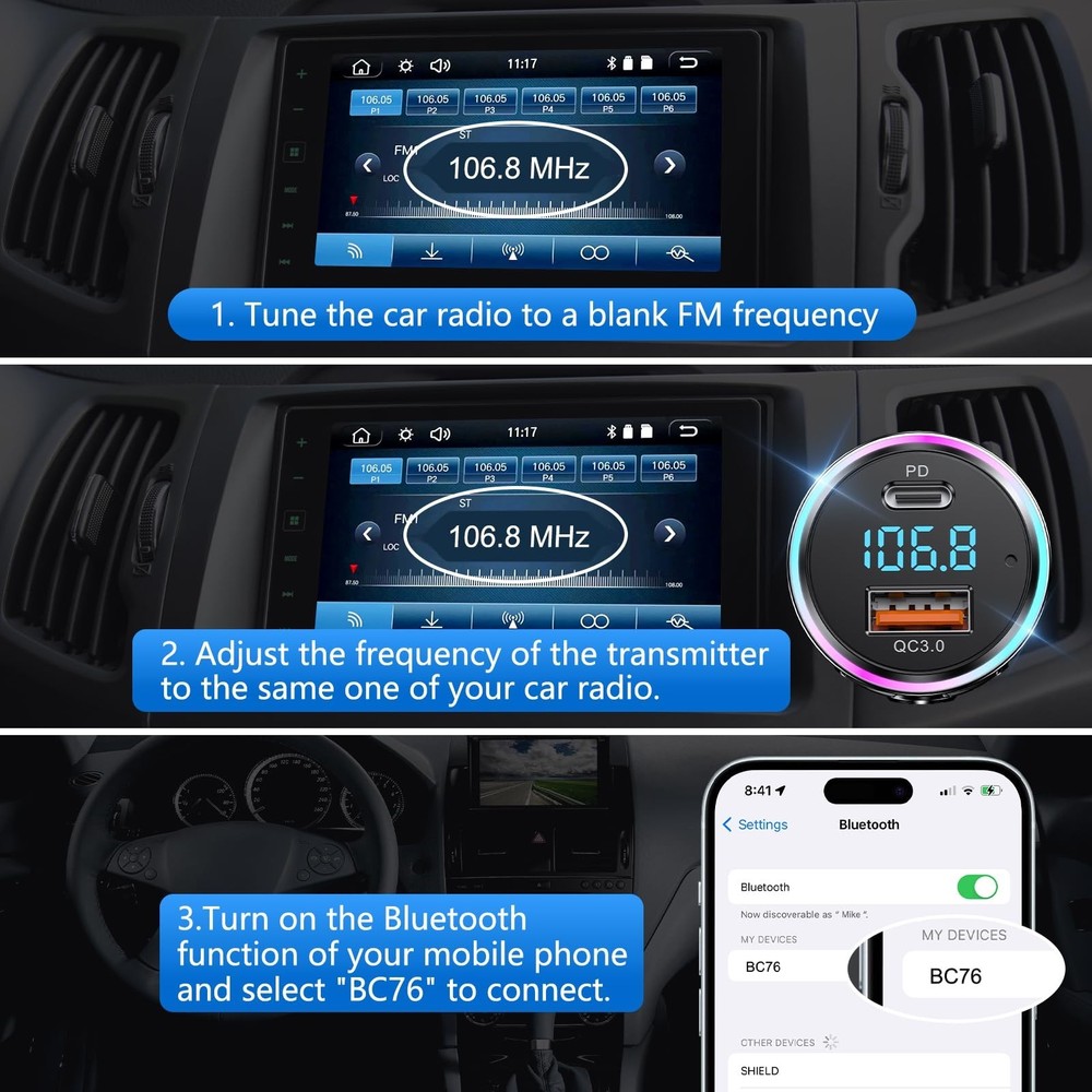 LENCENT Bluetooth Car Adapter, Full Metal Bluetooth 5.3 FM Transmitter with H...