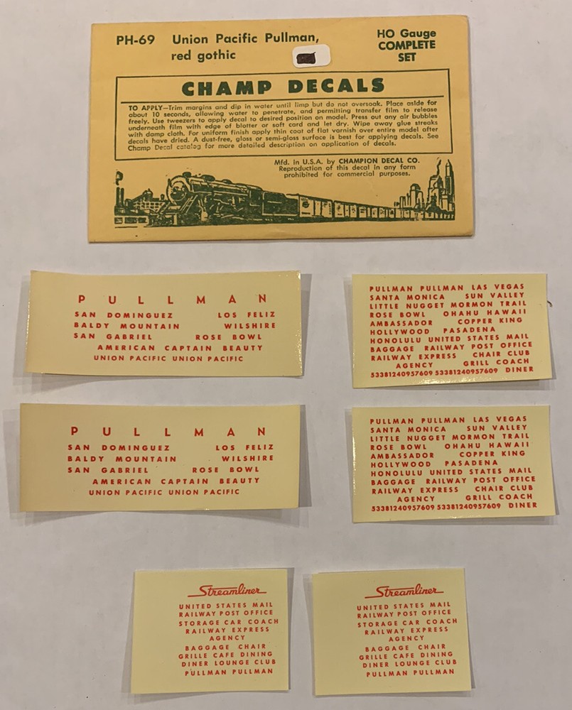 CHAMP HO DECAL - UNION PACIFIC / UP PULLMAN CAR - RED GOTHIC LETTERING  #PH-69