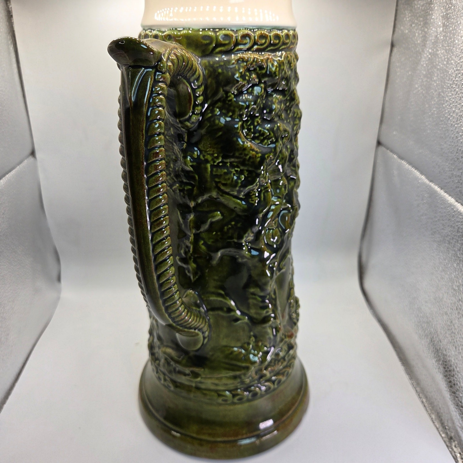 Large 17″ German Style Beer Stein Signed Sam Ceramic Relief with Lid