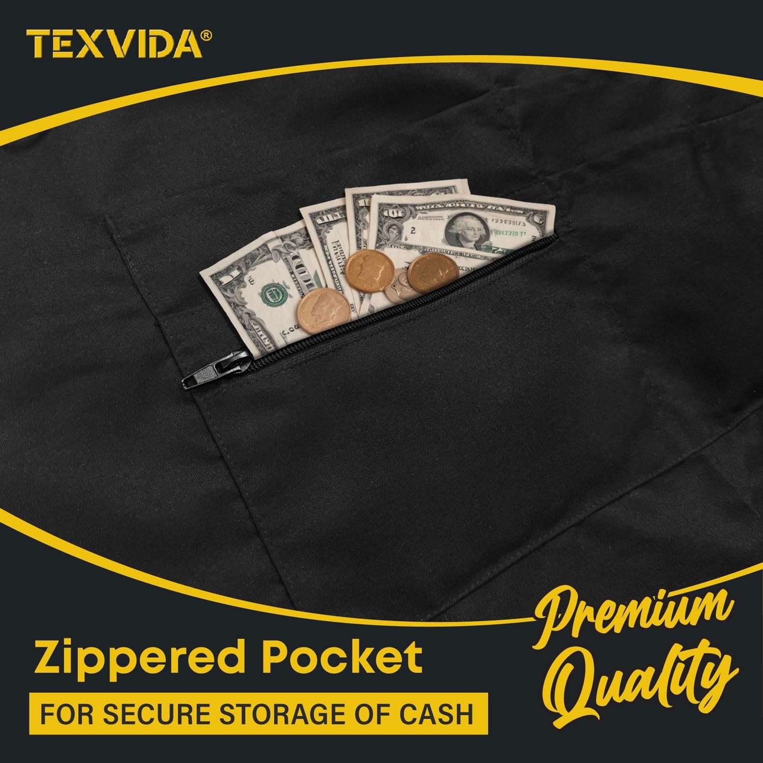 Unisex Bistro Server Apron with Zipper Pocket - Commercial Grade (Black, 24x2...