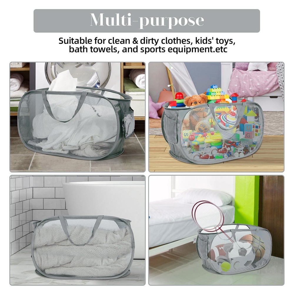 3 Pack Collapsible Laundry Basket Mesh Pop Up Hamper Foldable Grey Clothes