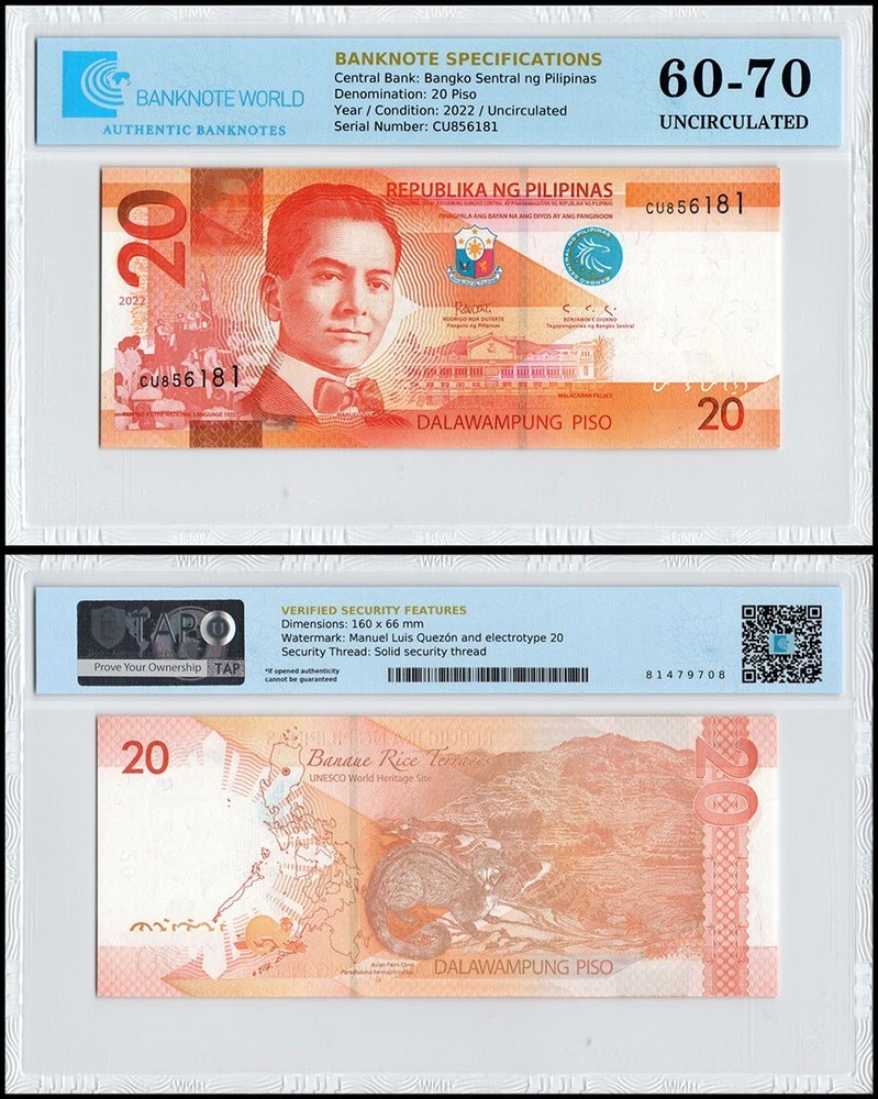 Philippines 20 Piso, 2022, P-206d.6, UNC, Authenticated Banknote