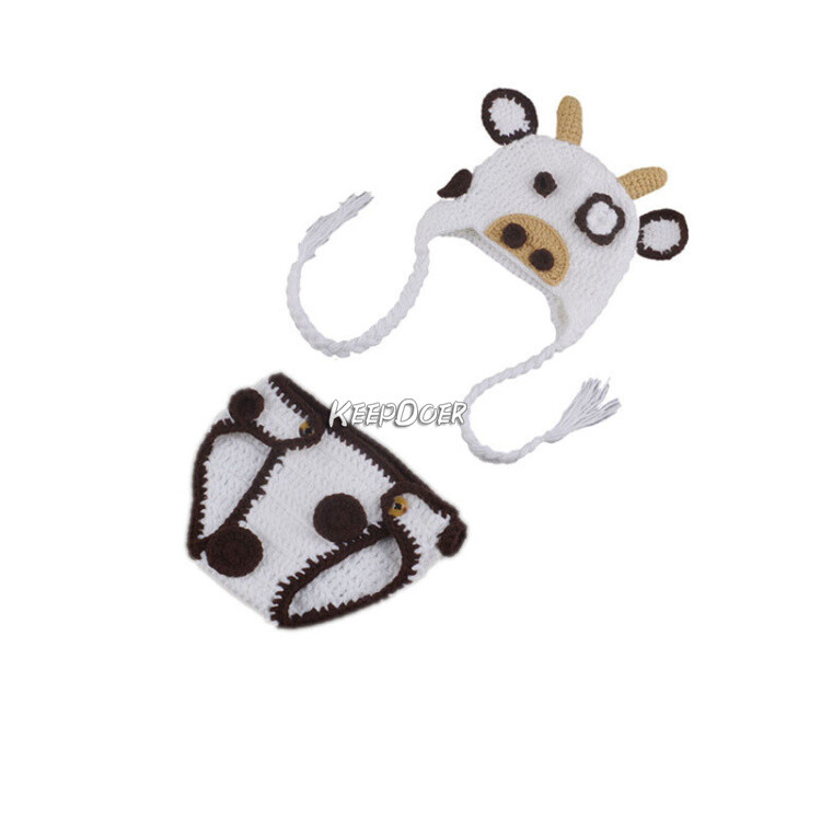 Newborn Baby Kids Knit Clothing Cow Shorts Hat Crochet Photography Studio Props