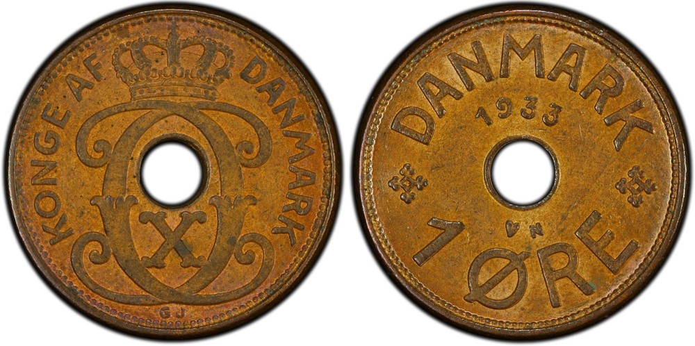 DENMARK 1933 1 ORE PCGS MS62BN BETTER DATE COIN NICE!