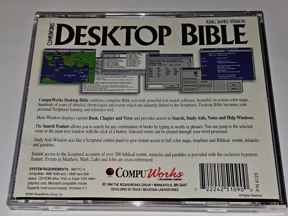 CompuWorks Desktop Bible CD-ROM for Windows King James Version 1994 WizardWorks