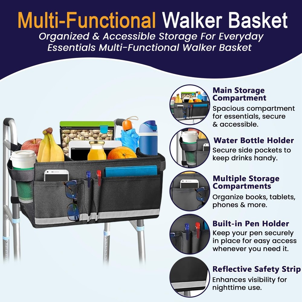 Walker Basket Walker for Folding Walker with Water Cup Holder - Multi Pockets...