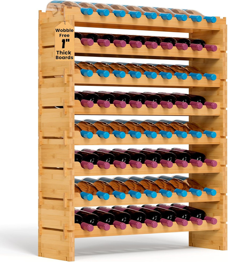 72 Bottle Wine Rack Stackable Bamboo Freestanding, 8-Tier Modular Shelf, Sturdy