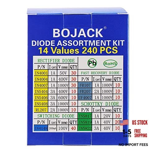 BOJACK 14 Value 240 pcs Diode Assortment Kit Contain Rectifier/Fast