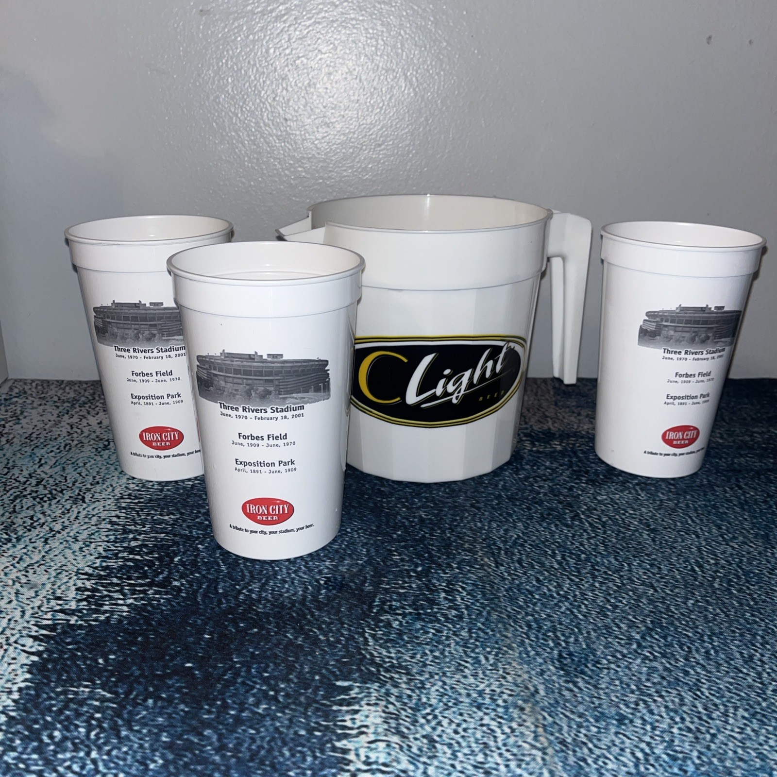 Plastic Iron City Beer I.C. Light pitcher and cups Three Rivers Stadium