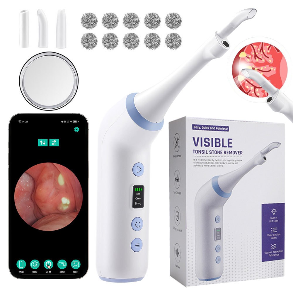 Electronic Tonsil Stone Remover Kit with Camera Vacuum LED Light 3 Suction Modes