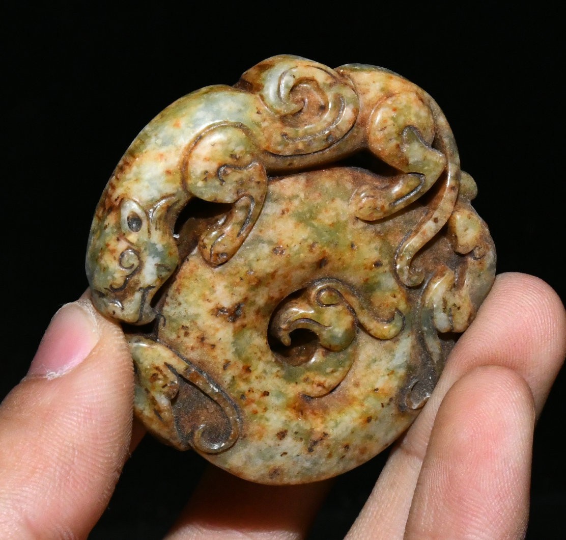 2" Hongshan Culture Old Jade Carve Dragon Loong Beast Yubi Yu Bi Amulet Pendant