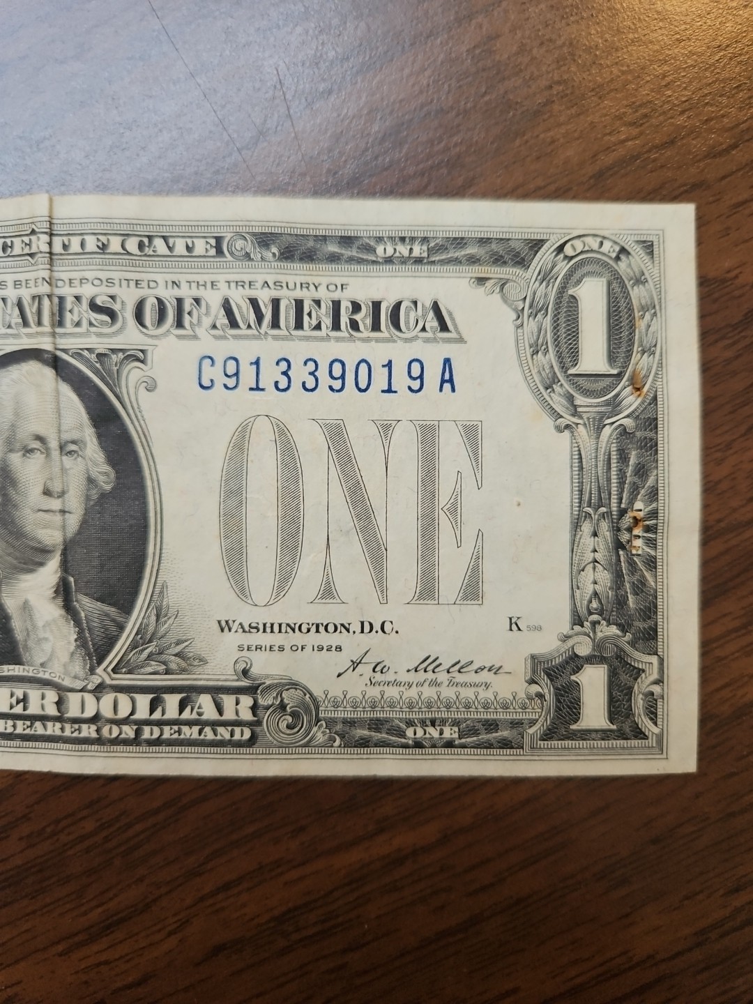 1928 $1 One Dollar Silver Certificate Funny Back Note Blue Seal C91339019A Holes