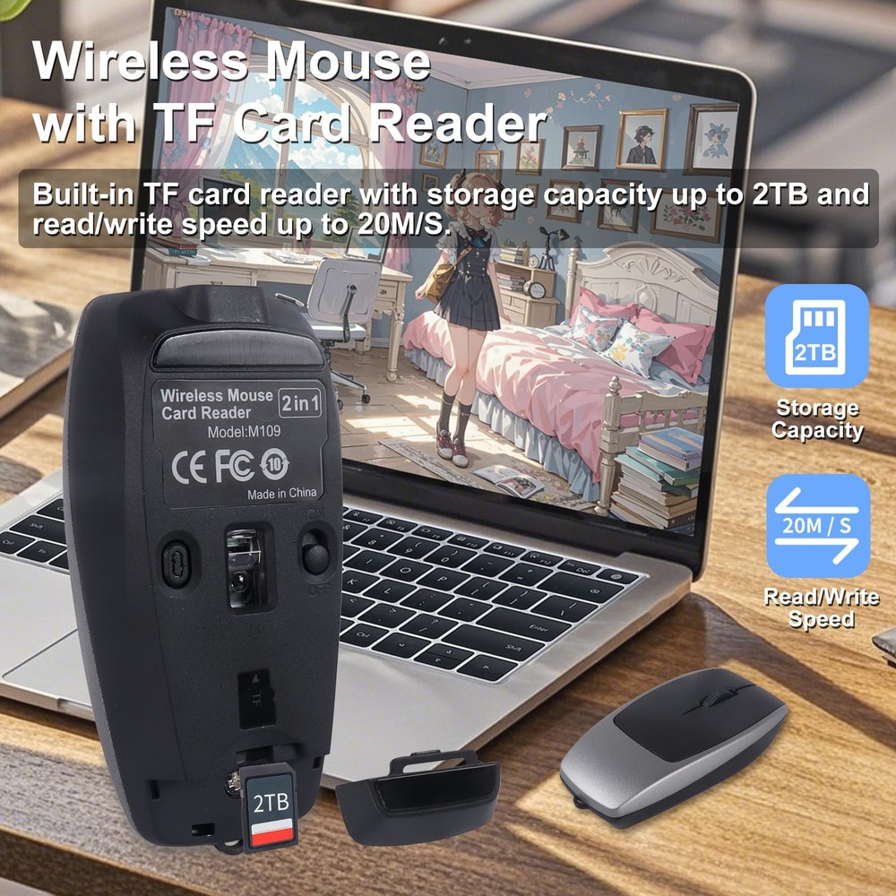 Bluetooth Mouse Rechargeable Portable Mini Computer Mice TF Card Reader Grey