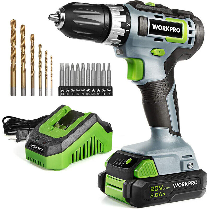 WORKPRO 20V Cordless Drill/Driver Kit 3/8" 18+2 Torque Setting Variable Speed US