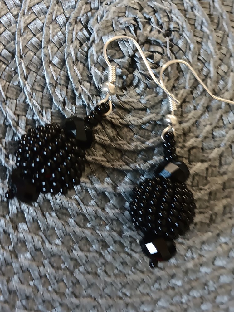 Seed Bead Hand Beaded & Facested Black Bead Hook Earrings