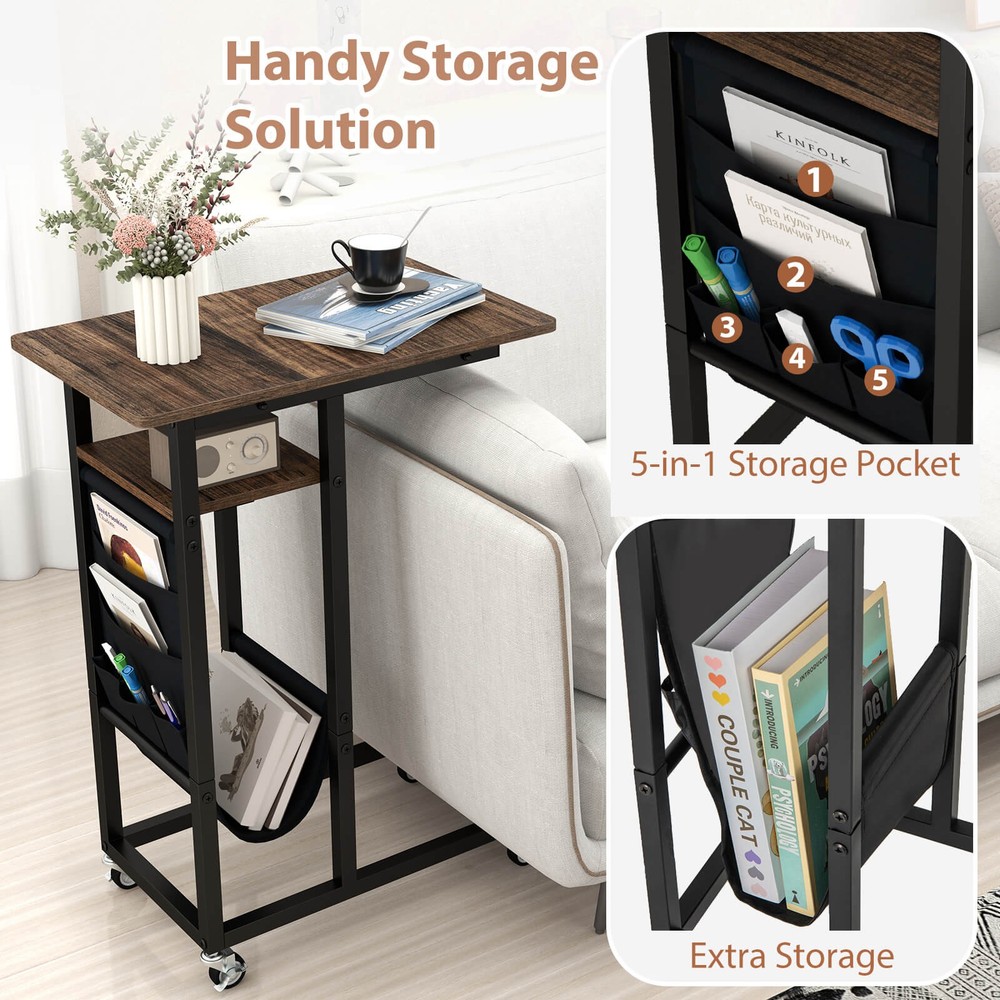 C-shaped End Table w/ Charging Station Rolling Bedside Table Couch Side Table