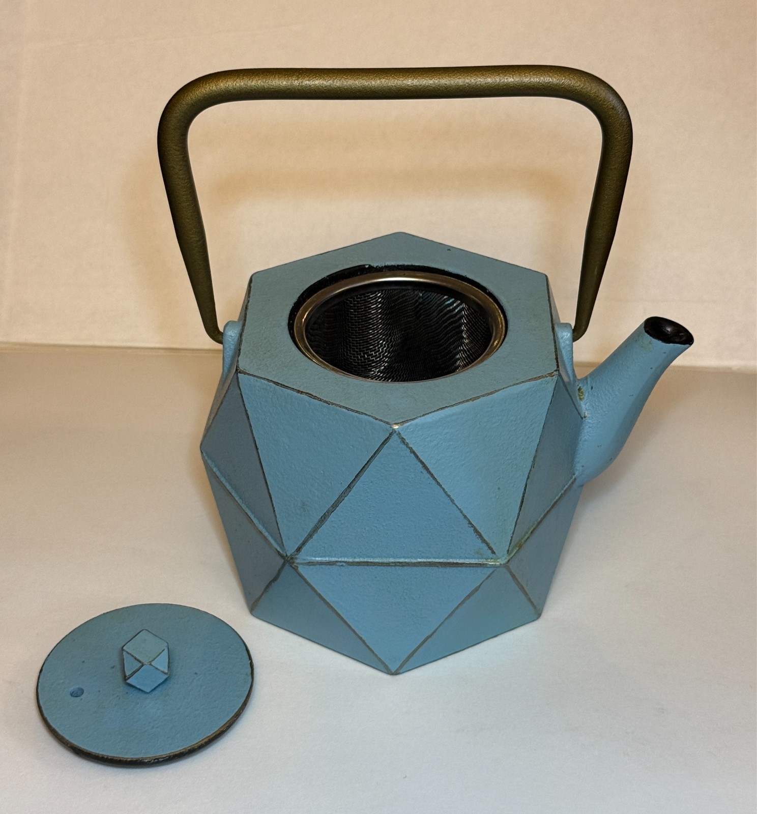 Japanese Tetsubin Cast Iron Blue Diamond Geometric Tea Kettle Stovetop w Infuser