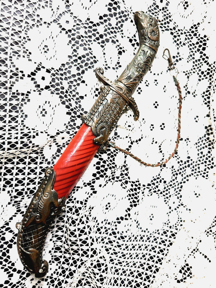 Ram Head Dagger with Ornate Scabbard Red Inlay