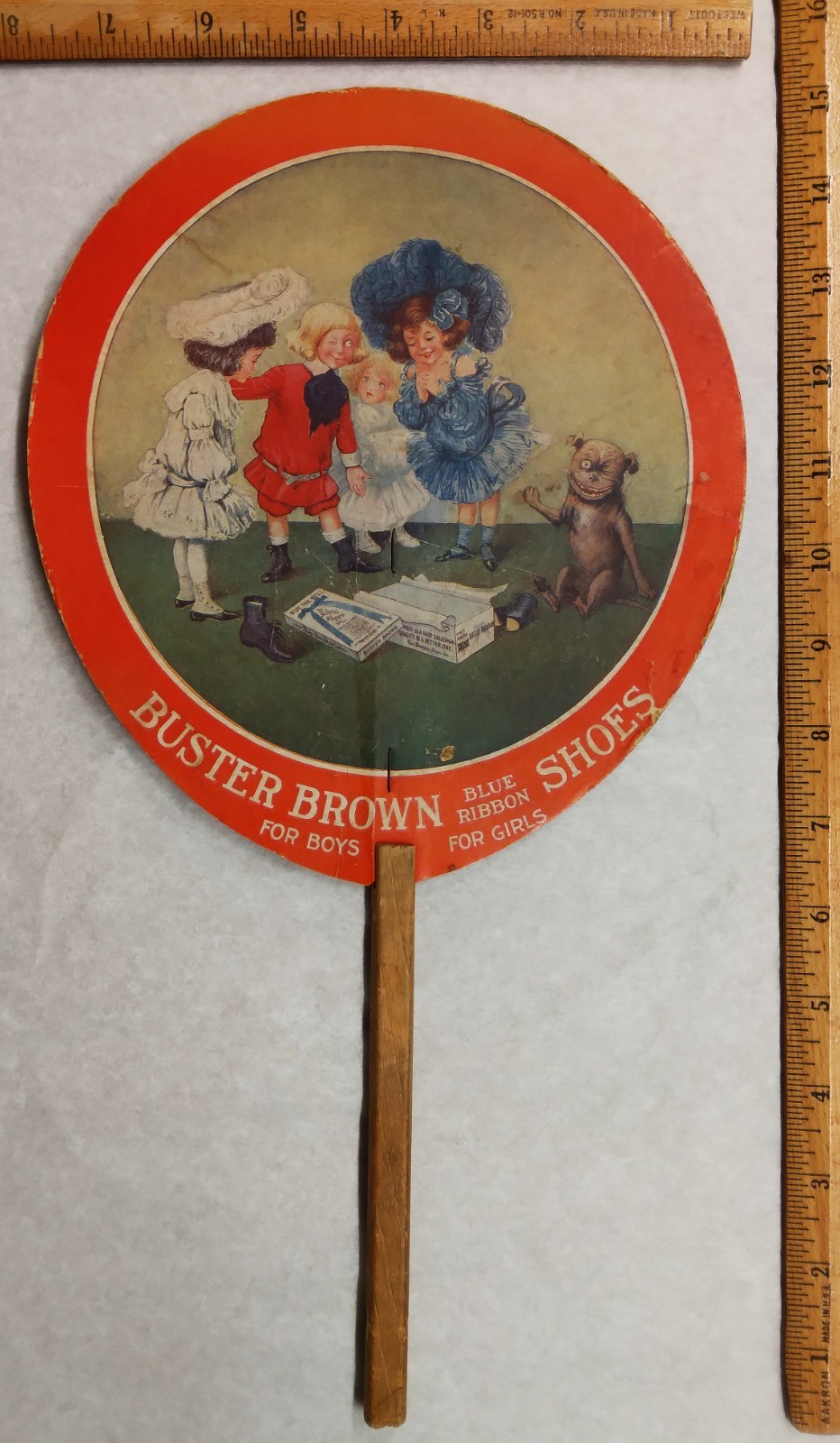 Buster Brown Blue Ribbon Shoes c1910s Handheld Ad Fan Used