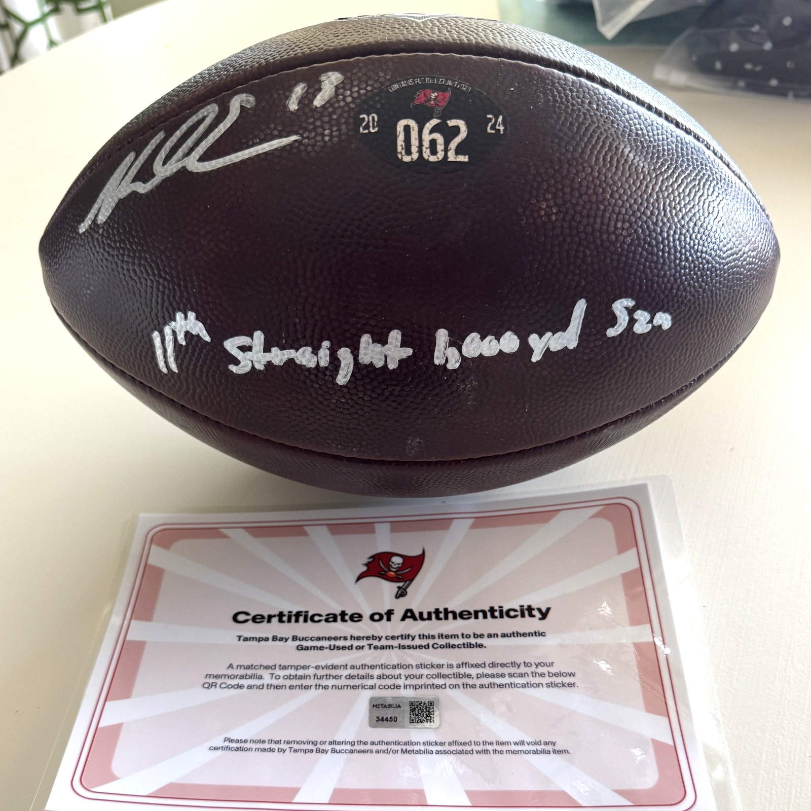 🏈Mike Evans GAME-USED💪Signed +Inscribed Ball Tampa Bay Buccaneers 24-25 Season