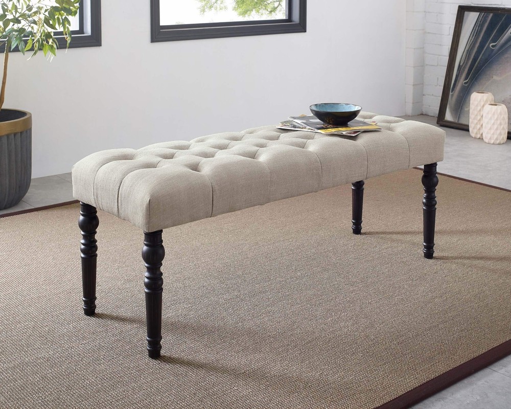 Leviton Fabric Tufted Turned Leg Dining Bench, Tan