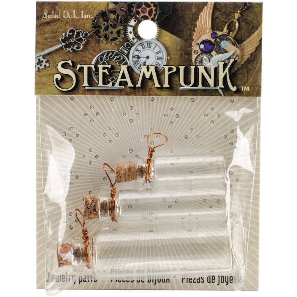 Solid Oak Steampunk Glass Accents 3/Pkg-Laboratory Bottles