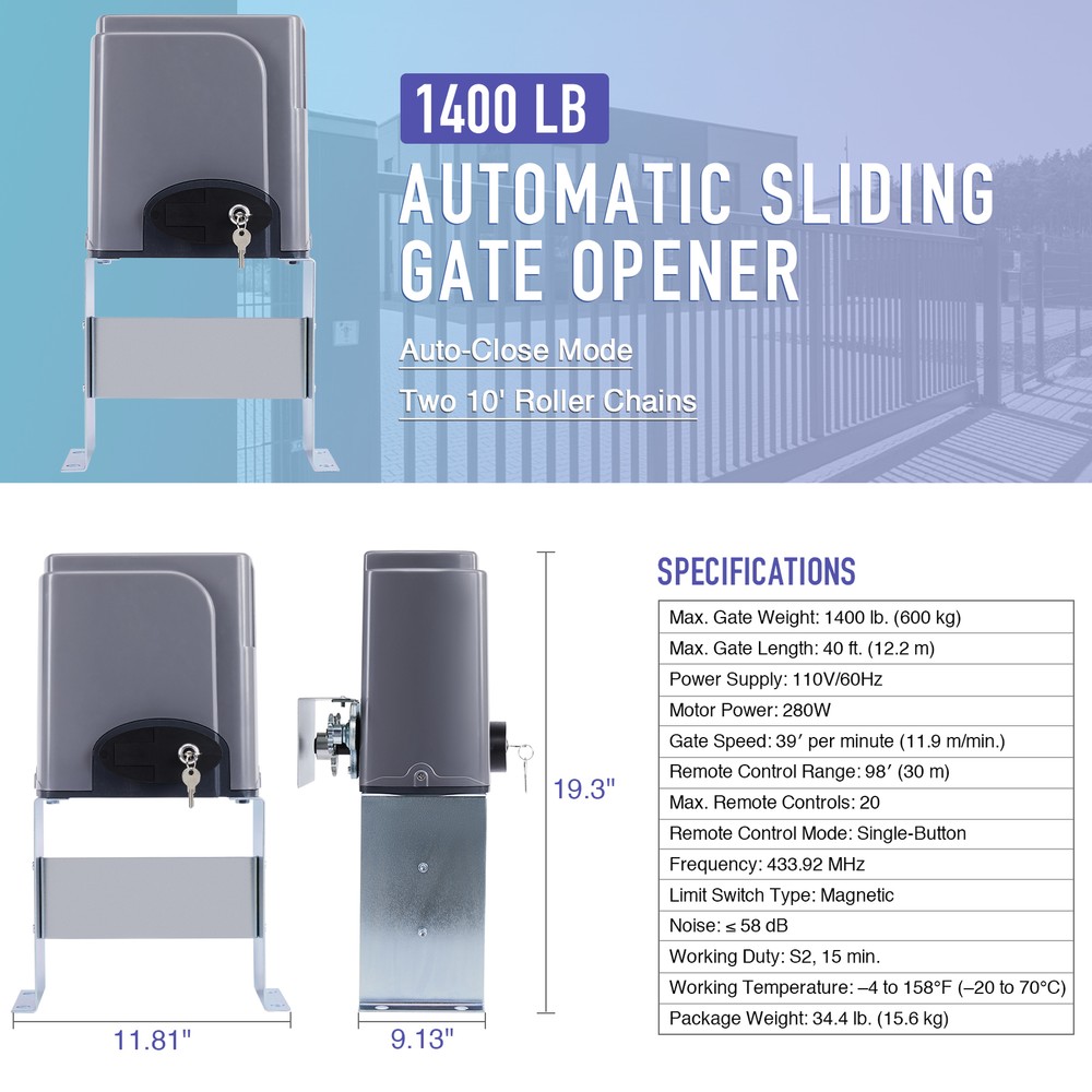 Sliding Gate Opener Electric Operator Remote Control Auto Roller 1400lbs TET