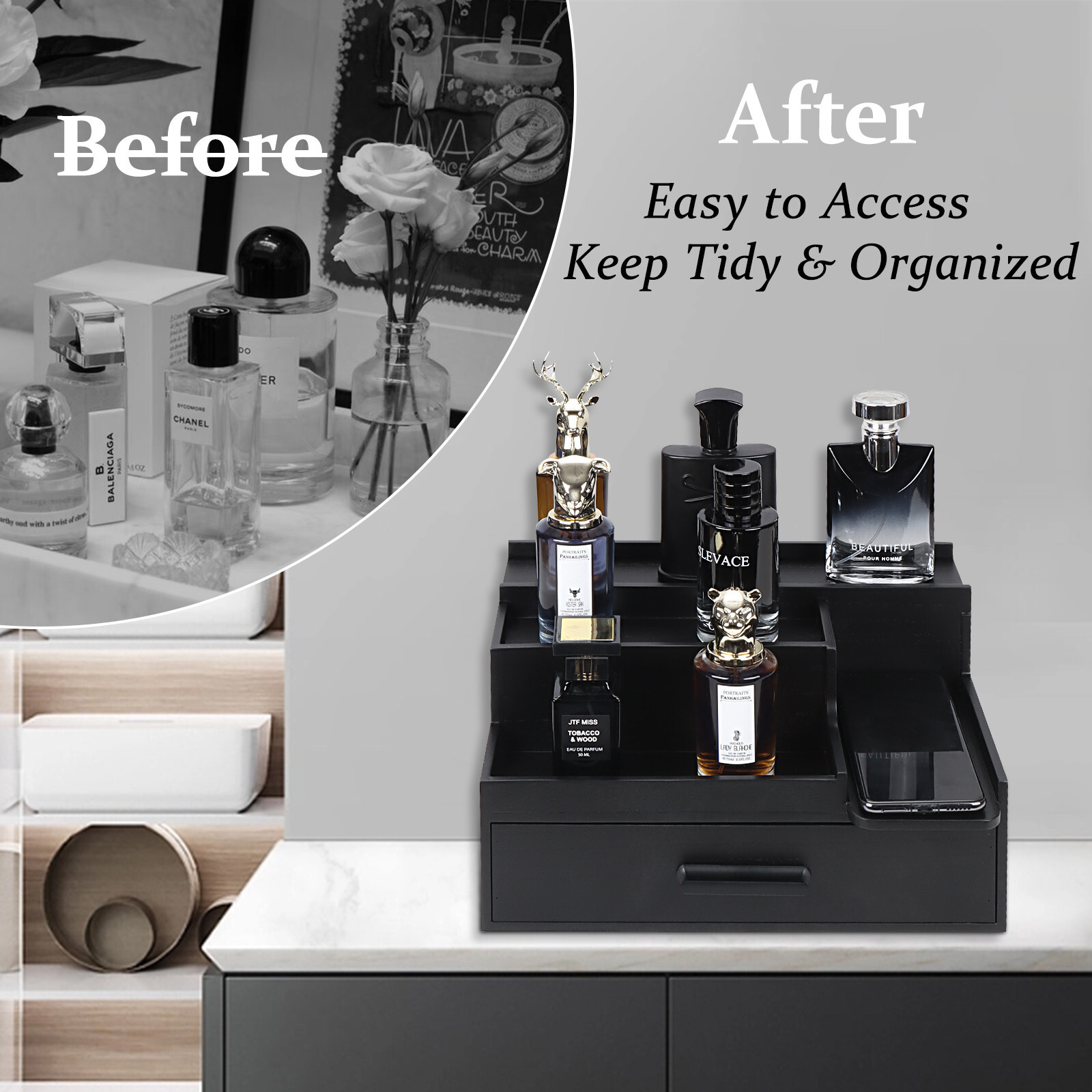 Cologne Organizer for Men 3 Tier Perfume Display Stand Cologne Shelf w/ Drawer