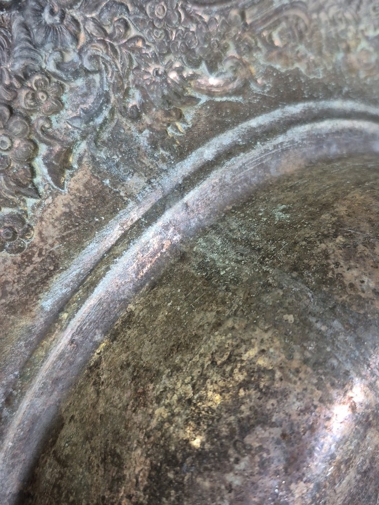 Silver Plate Decorative Serving Bowl With Floral Pattern Distressed