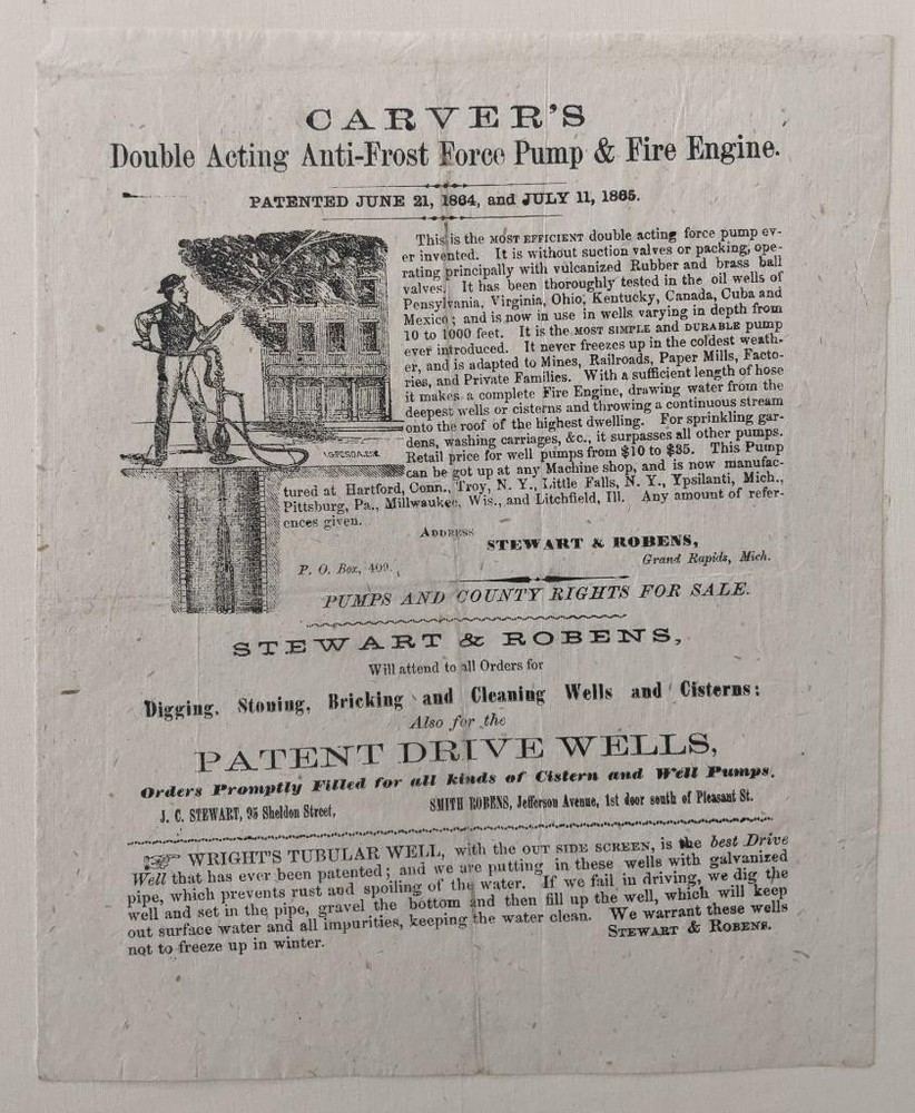 1865 BROADSIDE ADVERTISEMENT CARVERS FORCE PUMP & FIRE ENGINE, STEWART & ROBENS