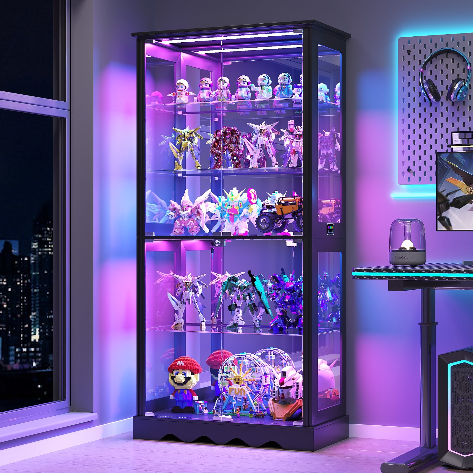 Display Cabinet with Glass Doors, Curio Cabinet with RGB Lights for Collectibles